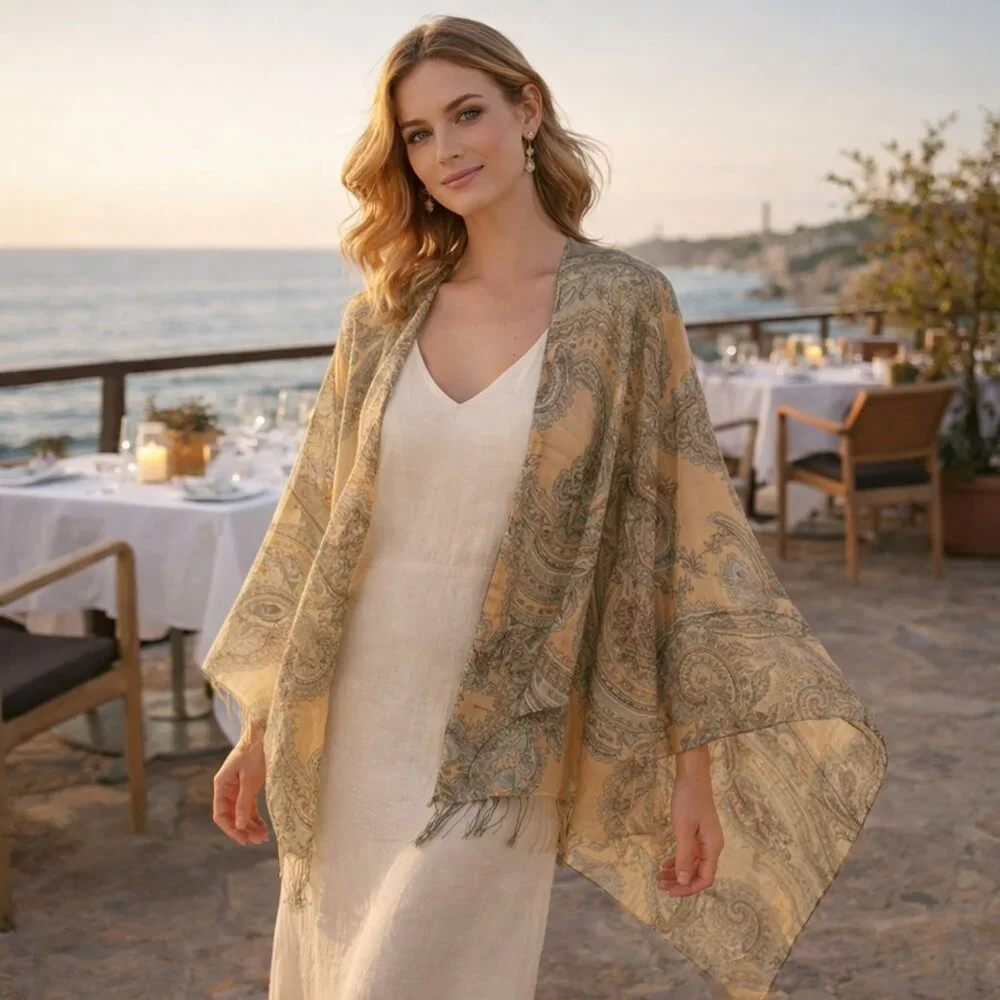 Vintage Boho Paisley Shawl Wrap – Sheer Viscose Resort Scarf